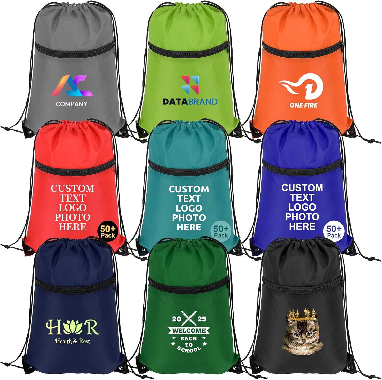 Skiennix Custom Drawstring Backpacks - Personalized Cinch Tote Bags with Zipper Pocket | 100/200 Pack