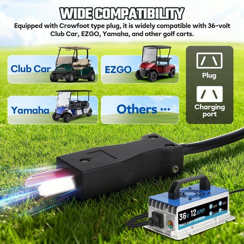 12 AMP 36 Volt Golf Cart Charger for Club Car, EZGO & Yamaha, IP67 Waterproof & Trickle Charge, 36 Volt Golf Cart Battery Charger Full Auto Charge with Crowfoot Plug, 16FT Cable for Lead-Acid Battery