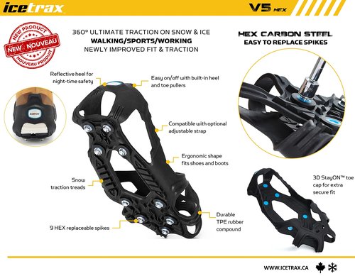 ICETRAX V5 HEX Ice Cleats, Easy to Replace Cleats, Winter Ice Grips for Shoes and Boots, StayON Toe, Reflective Heel(S/M (Men: 5-9 / Women: 6.5-10.5), HEX)