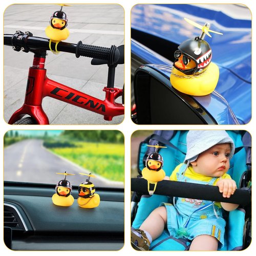 2 Pack Rubber Duck Car Ornaments, Yellow Duck Car Dashboard Decorations Squeeze Duck Bicycle Horns with Propeller Helmet,Bandage and Gold Chain (Bee&Shark)