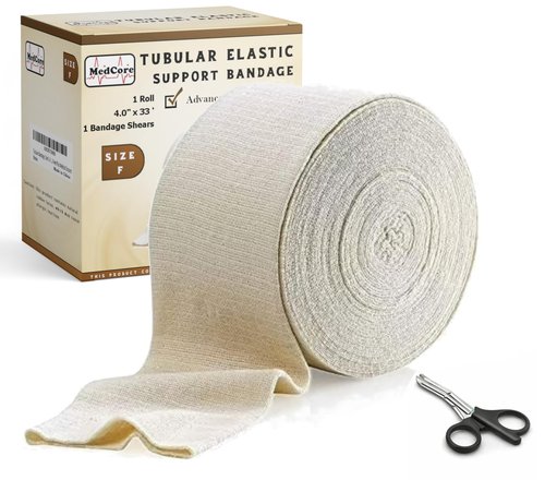 Tubular Compression Bandage Size F (4” x 33 ft) – Elastic Stockinette Support Sleeve for Large Knee, Thigh, Leg & Arm – Cut-to-Fit, Washable Reusable, No Pins/Tape – Includes Bandage Medical Scissors