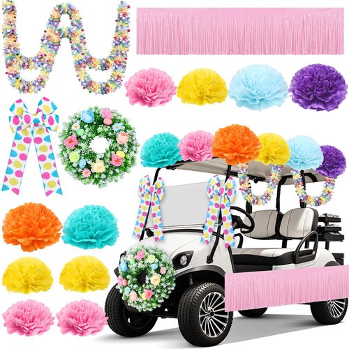 Suncalla 16 Pcs Easter Golf Cart Decorations Spring Party Decorations Festival Bowties Pastel Wreath Tinsel Garland Fringe Tissue Paper Flowers for Golf Cart Party Supplies Decor(Easter)