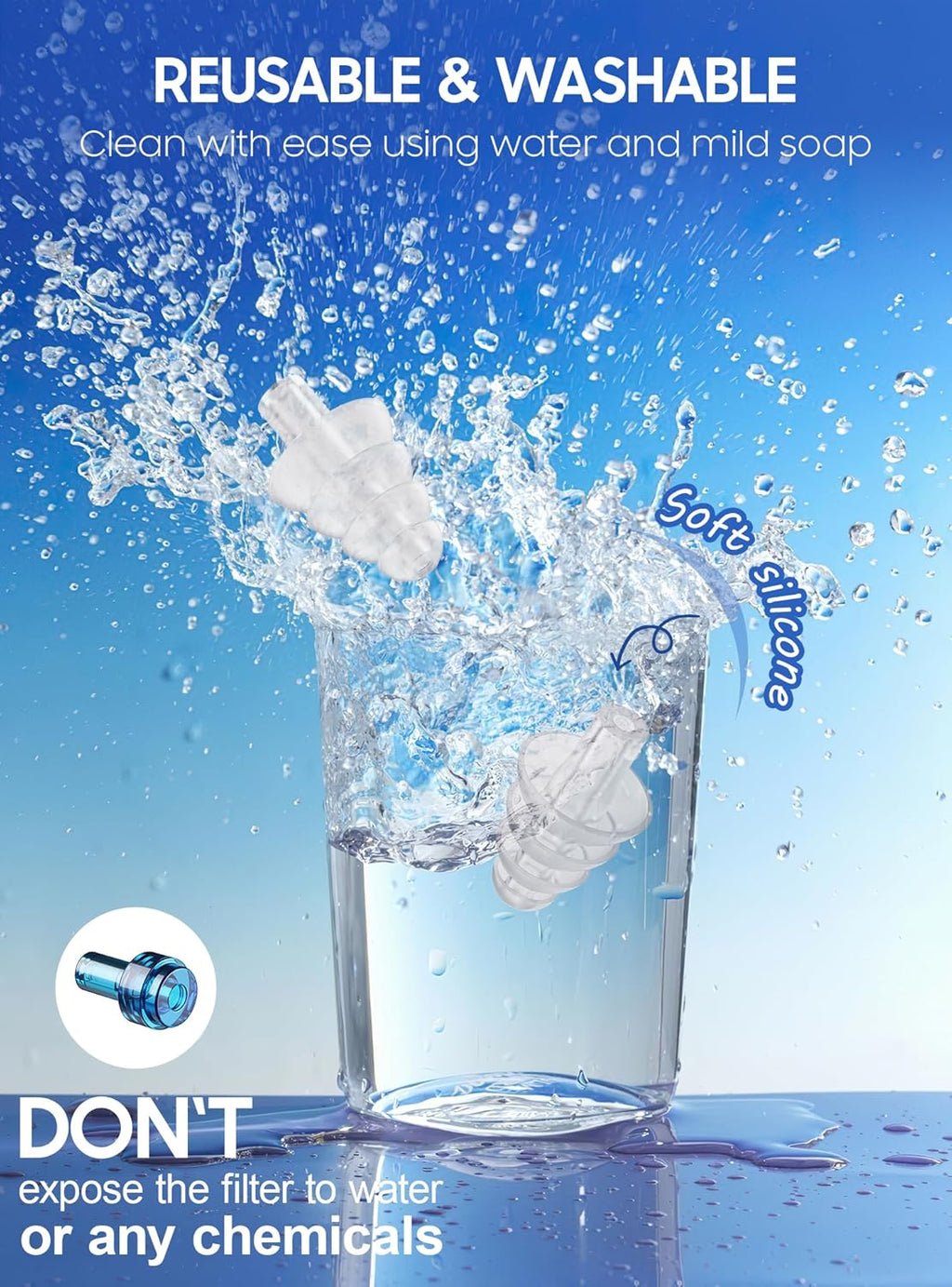 Skiennix Ear Plugs - Soft Silicone Reusable for Airplane Pressure Relief - 2 Pairs with Connector Cord