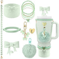 11pc Stanley Cup Accessories Set – Light Green Variation 02: Bow Straw Cover, Pom Pom Keychain & Beaded Charms