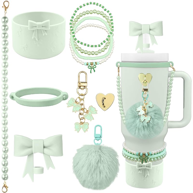 11pc Stanley Cup Accessories Set – Light Green Variation 02: Bow Straw Cover, Pom Pom Keychain & Beaded Charms