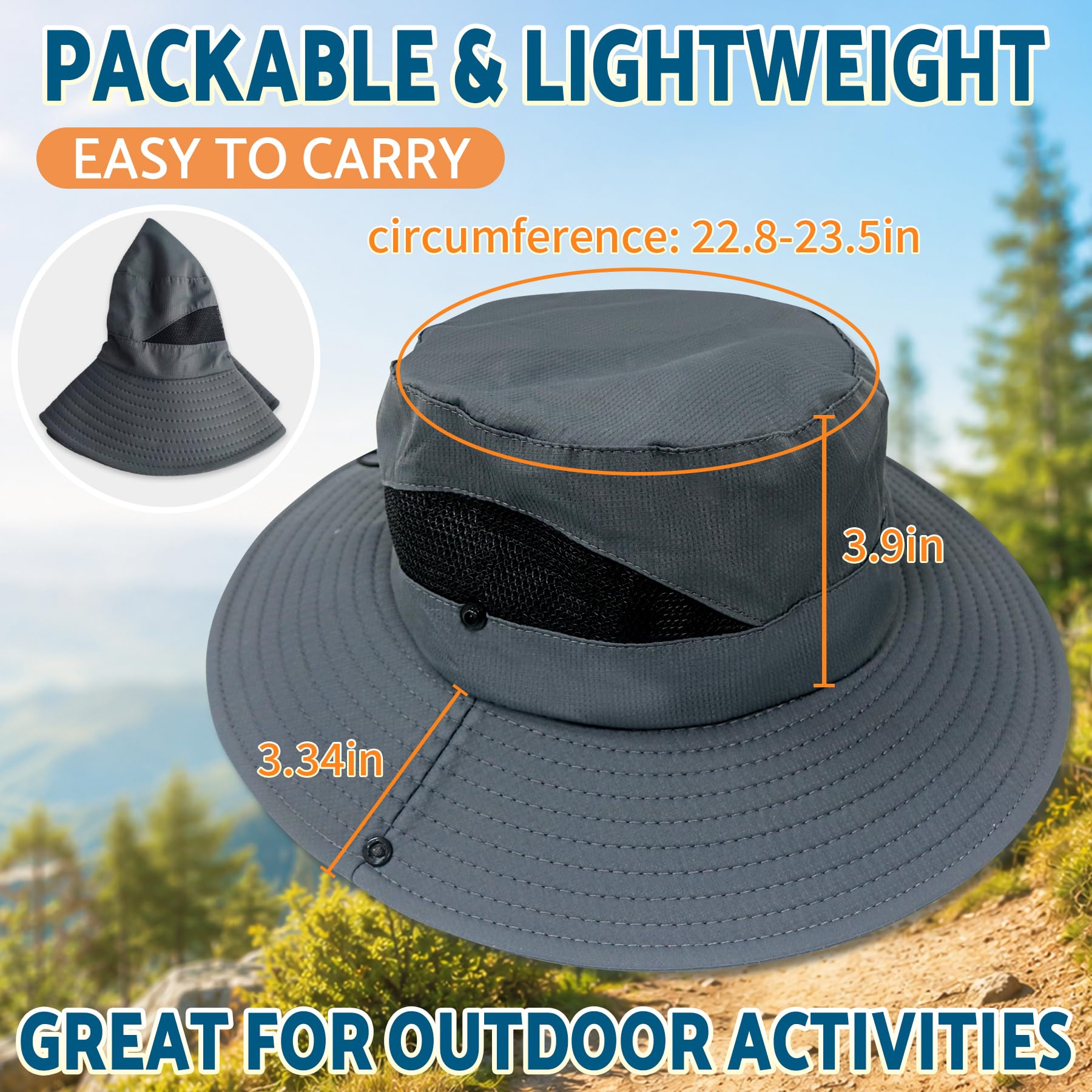 PFFY Sun Hats for Men Women Wide Brim Bucket Hat UPF 50+ Outdoor Beach Hiking Fishing Hat Darkgrey