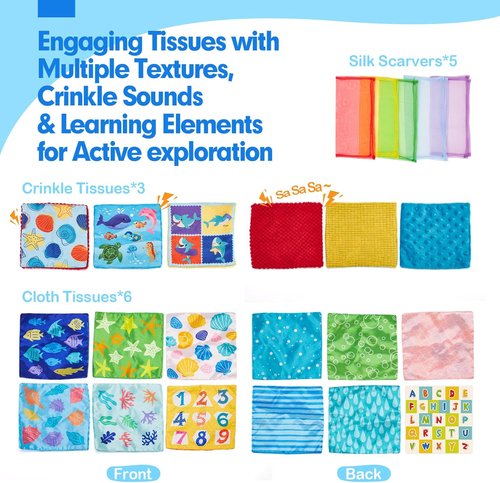 Hahaland Baby Tissue Box Toy - Montessori Sensory Toy for 6-12 Months with Textured Tails & Crinkle Tissues