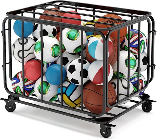 Houseables Ball Cart - Sports Equipment Organizer with Wheels | Large Metal Basketball & Volleyball Storage Bin