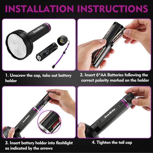 EverBrite UV Flashlight - 128 LED Blacklight for Pet Urine Detection & Scorpion Spotting | 395nm, Batteries Included