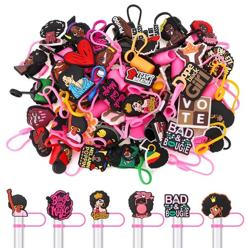Ovveroche 50 Pcs Pink Black Girl Straw Cover Caps Compatible with Stanley Cup, Silicone Cute Reusable Straw Toppers for Cups 30&40 Oz Tumbler Accessories 10mm