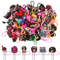 Ovveroche 50 Pcs Pink Black Girl Straw Cover Caps Compatible with Stanley Cup, Silicone Cute Reusable Straw Toppers for Cups 30&40 Oz Tumbler Accessories 10mm