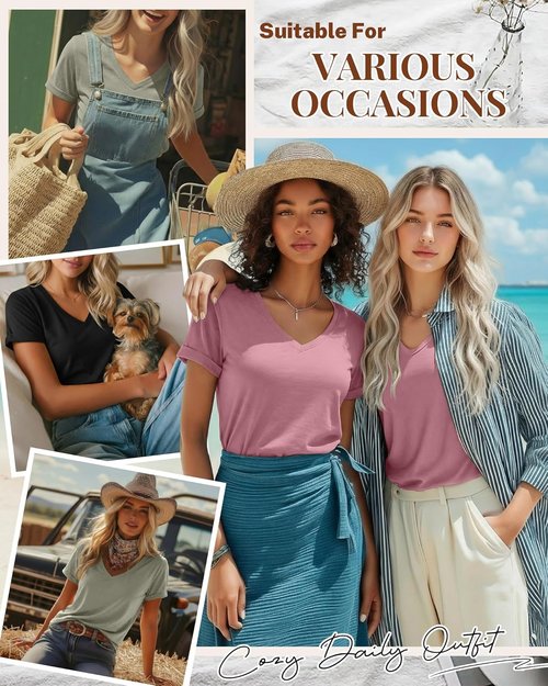 Ficerd Women's V-Neck T-Shirts - Casual Summer Short Sleeve Tops | Loose Fit & Trendy 3-Pack