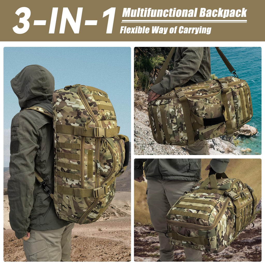 Hannibal Tactical 65L Large Duffle Bag, 3-in-1 Tactical Backpack MOLLE Pack for Sports, Gym, Outdoor, CP