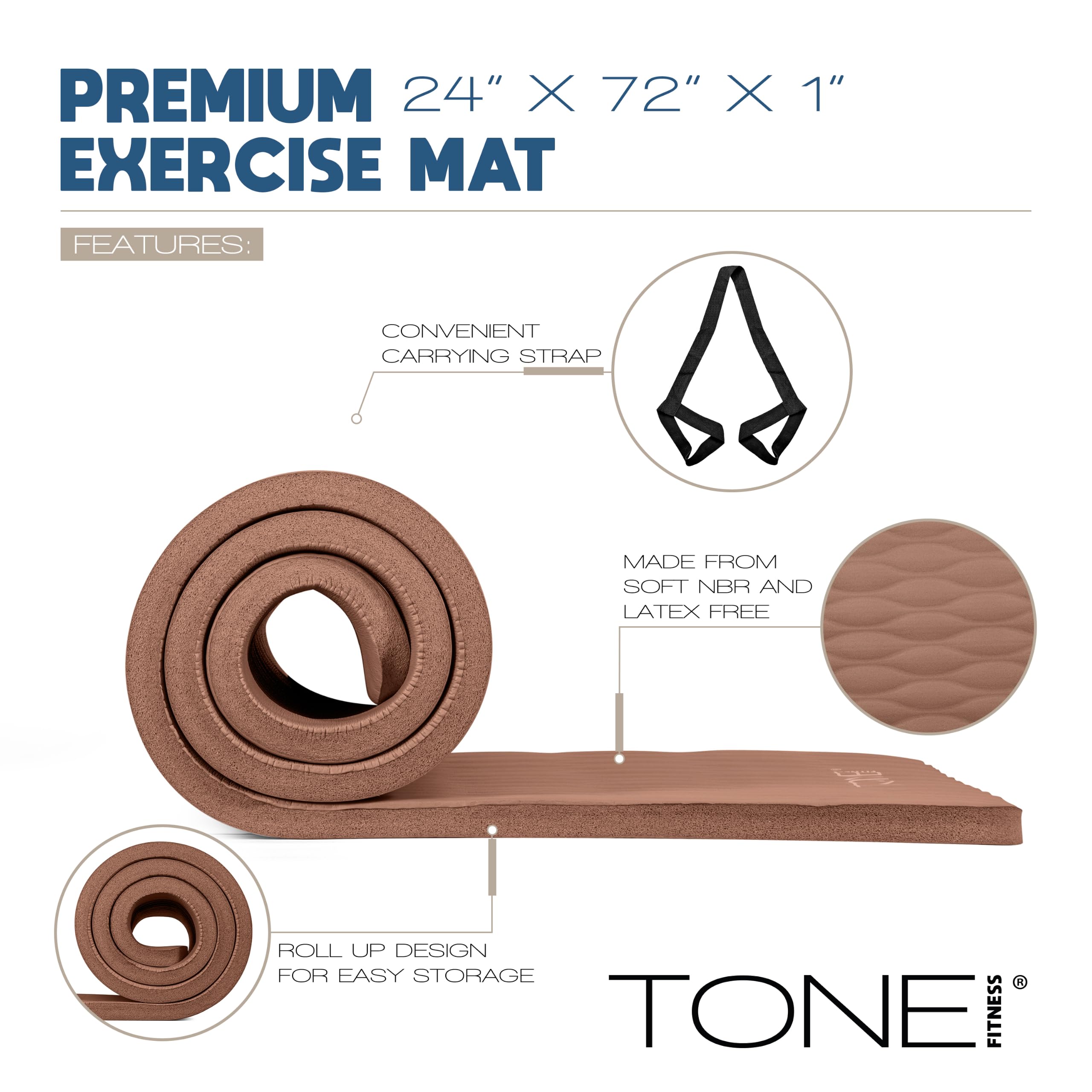 Tone Fitness Premium Extra Thick 1-Inch High Density Exercise Mat with Carry Strap – Non-Slip Workout, Pilates, and Yoga Mat for Home Gym - Color Mocha - Mesh Pattern