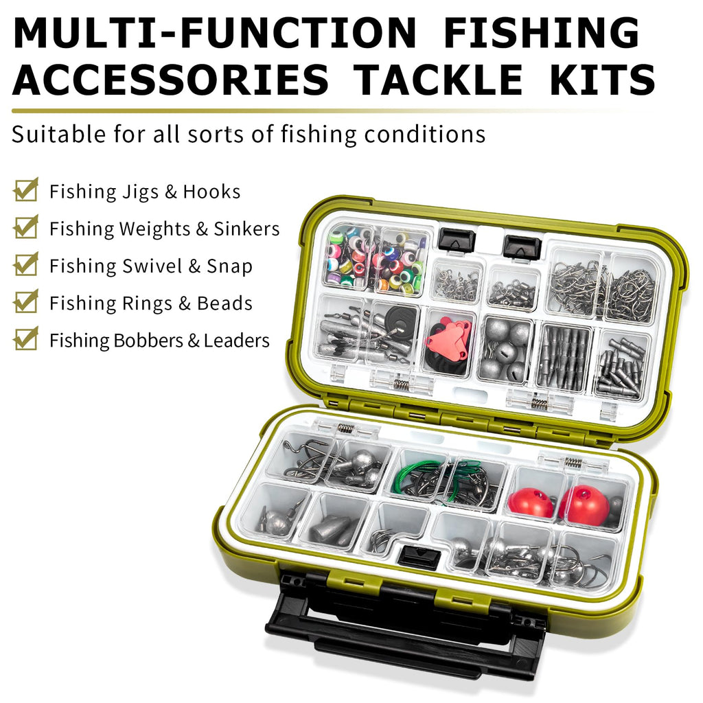 TRUSCEND Complete Fishing Accessories - Tackle Box with Tackle Included, Fishing Hooks, Jig Heads, Sinkers, Weights, Swivels, Snaps, Bobbers, Leaders - Fishing Gear Set for Bass Trout Panfish Walleye
