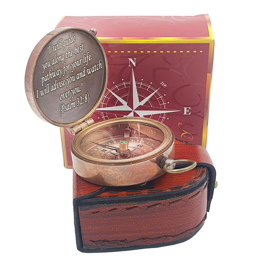 PSALM God's Path Compass - Engraved Working Handmade Antique Compass with Scripture - Religious, Christian, Catholic, Christening, First Communion, Confirmation Gifts for Teenage Men (Leather Box)