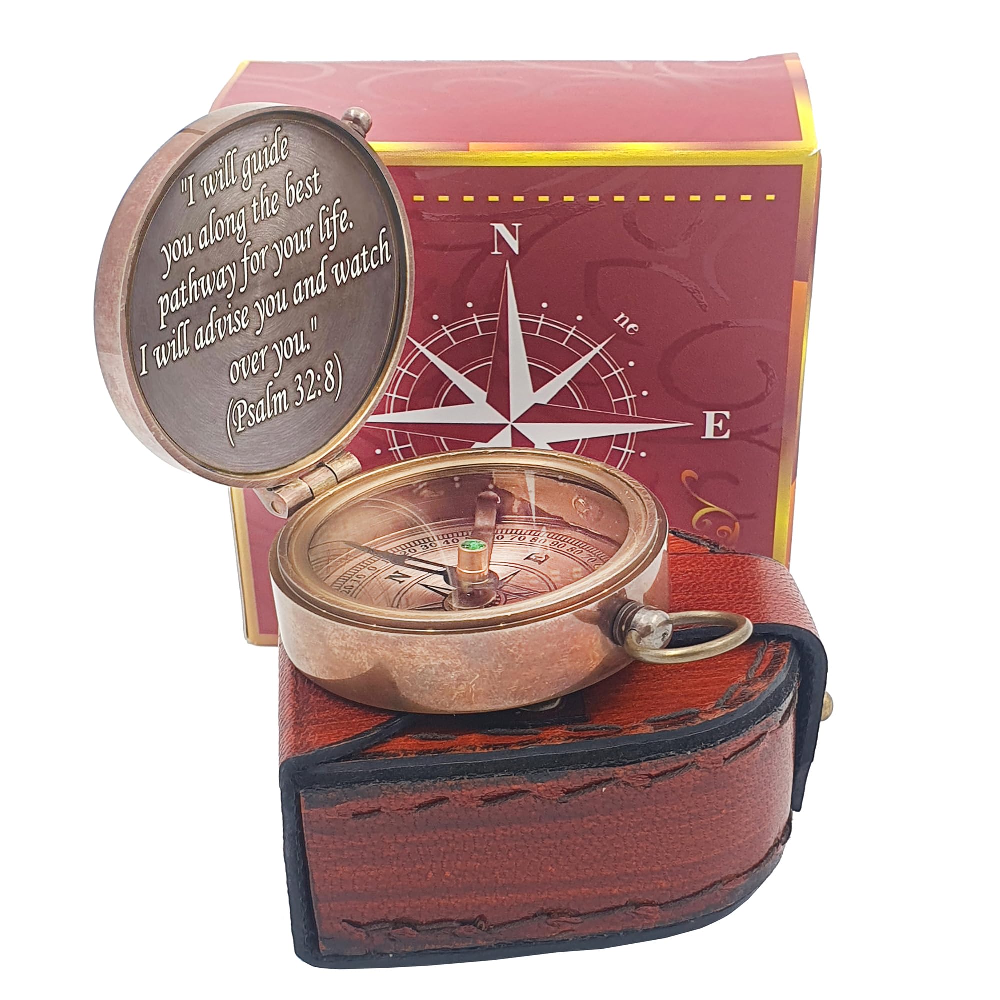 PSALM God's Path Compass - Engraved Working Handmade Antique Compass with Scripture - Religious, Christian, Catholic, Christening, First Communion, Confirmation Gifts for Teenage Men (Leather Box)