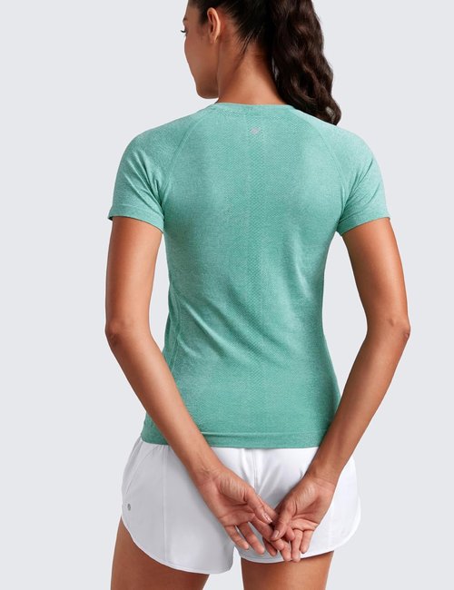 CRZ YOGA Seamless Workout Tops for Women - Breathable Short Sleeve Athletic Tees | Hip Length Gym Shirts