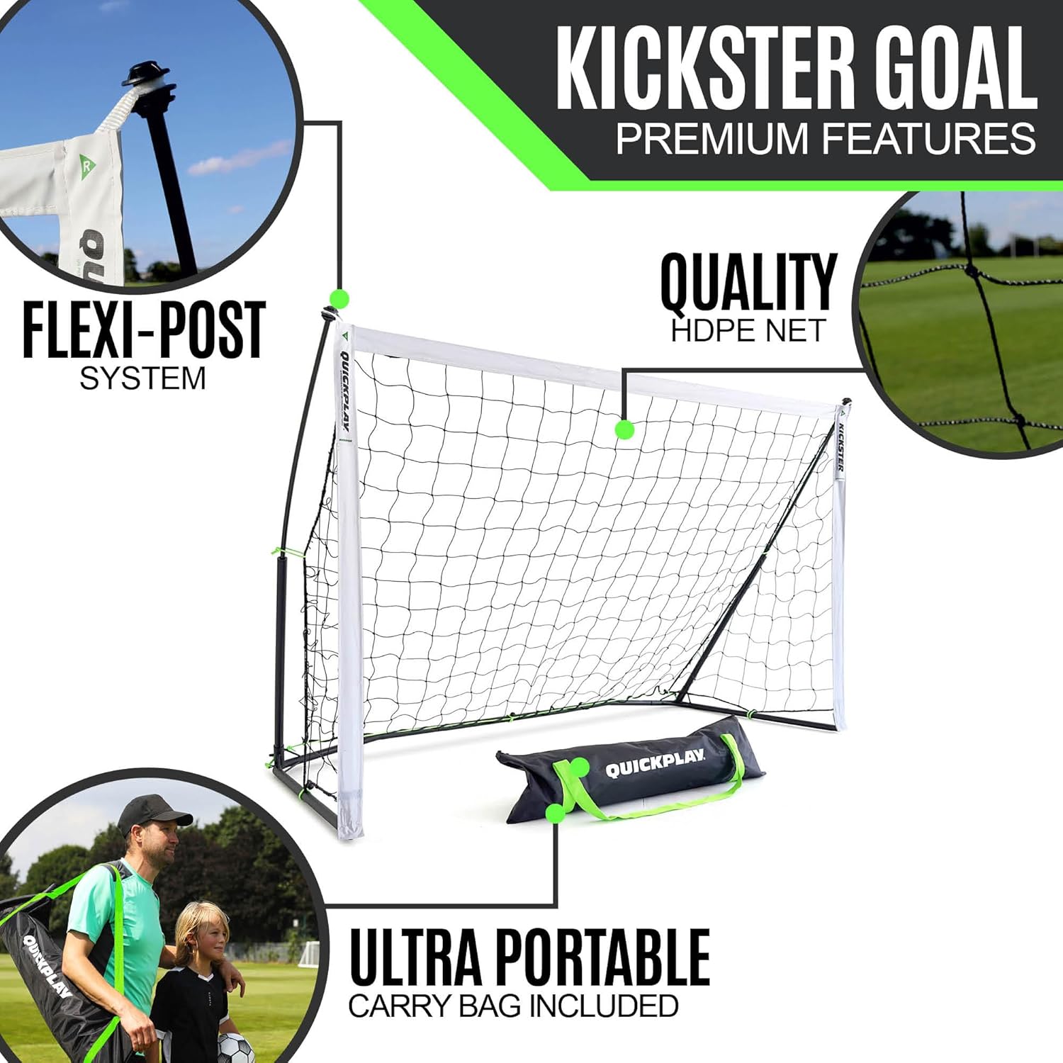 QUICKPLAY Kickster Soccer Goal – Ultra Portable Design | Easy Setup with Net & Carry Bag | 7 Sizes Available