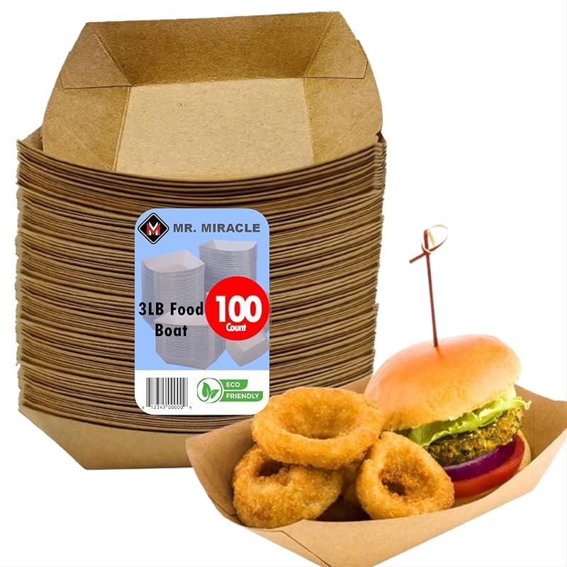 Extra Large Kraft Paper Food Boats – 100 Pack, 8.1x5.8x2.1 Inches, Disposable & Recyclable, For Condiments, Snacks & Catering (Variation: 100+3 LB)