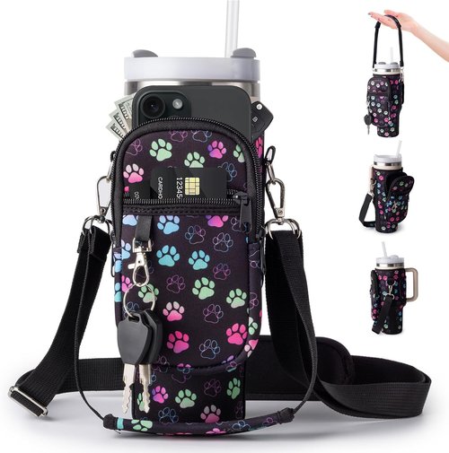 Linmaya Water Bottle Carrier Bag - Insulated Neoprene Holder with Phone Pocket | Adjustable Strap for Stanley Cup 40/30oz (Black Paw)