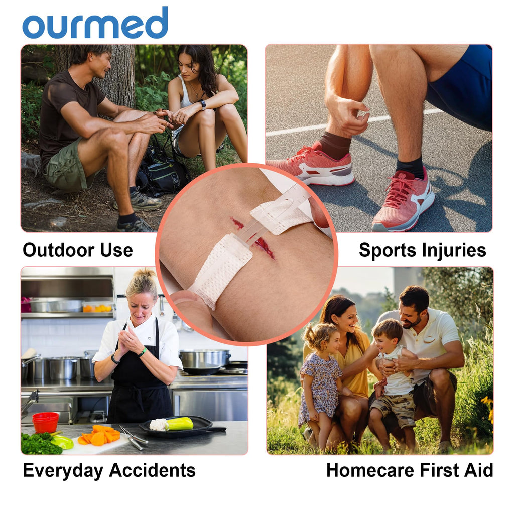 Ourmed Wound Closure Strips(0.6"x 3.1" - 4 Pcs), Butterfly Bandages for Wound Care, Steri Emergency Laceration Closures Without Stitches for Outdoors Use.