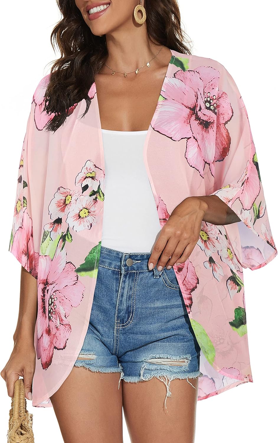 Women's Floral Print Puff Sleeve Kimono Cardigan Loose Cover Up Casual Blouse Tops 2026