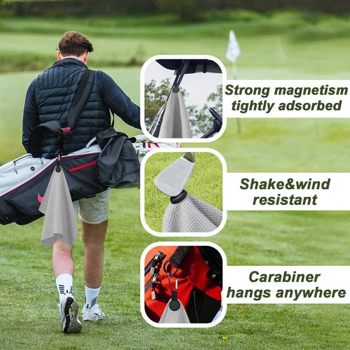 Magnetic Golf Towel-Max N52 Industrial Magnet, over than 60 LB Pull , with Rubber Cover and Carabiner, 24x16inch Lager Size, Non-abrasive and Lint Free, Strong Hold to Golf Carts or Clubs - Grey