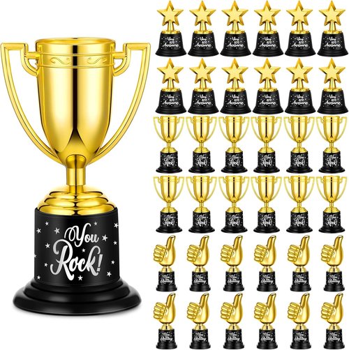 Lenwen Gold Trophy Awards - 36 Pack Mini Thumbs Up Trophies for Students | Perfect for Sports & Classroom