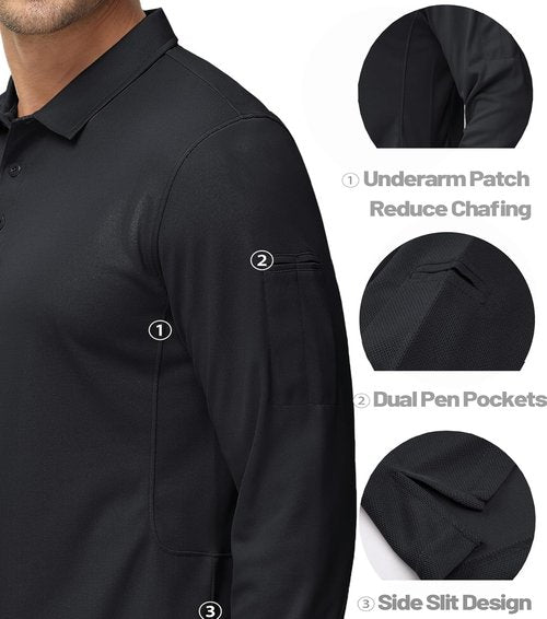 MAGCOMSEN Men's Tactical Polo Shirt - Quick Dry Performance Long Sleeve Golf Shirt | Pique Jersey