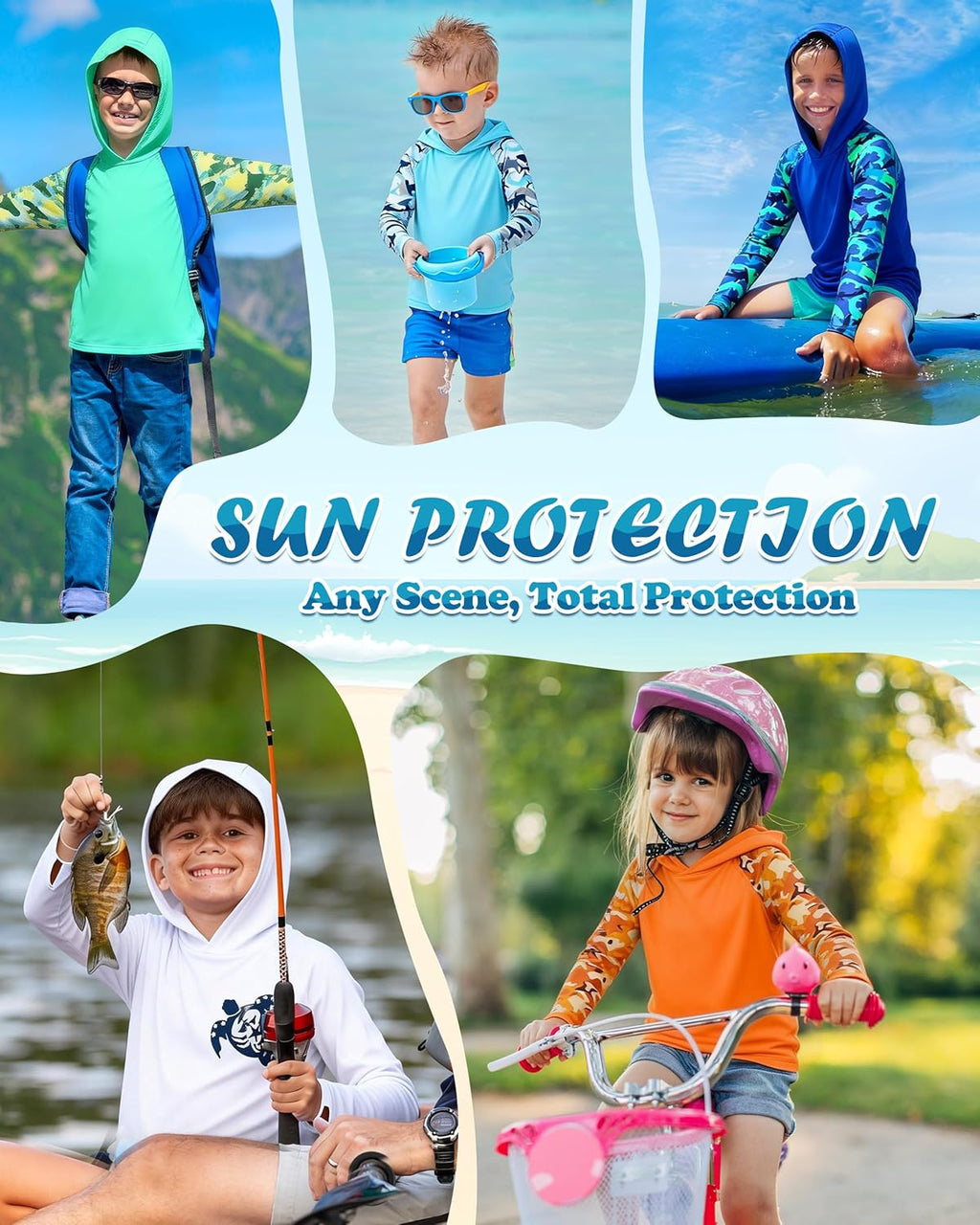 Skiennix Boys Rash Guard Swim Hoodie - UPF 50+ UV Protection Long Sleeve Fishing Shirt | Youth SPF Water Shirt