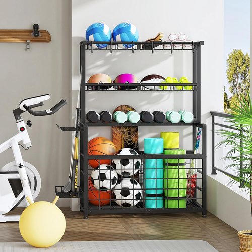 HOOBRO Ball Storage Rack - Heavy Duty Garage Organizer with Hooks & Basket | Black, Ideal for Outdoor & Basement