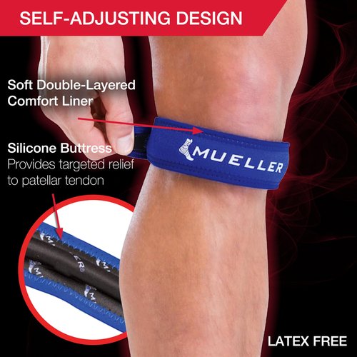 MUELLER Sports Medicine Jumper's Knee Single Strap for Men and Women, Knee Compression and Pain Relief Support, Ideal for Osgood-Schlatter's, Patellar Tendinitis, Blue, One Size