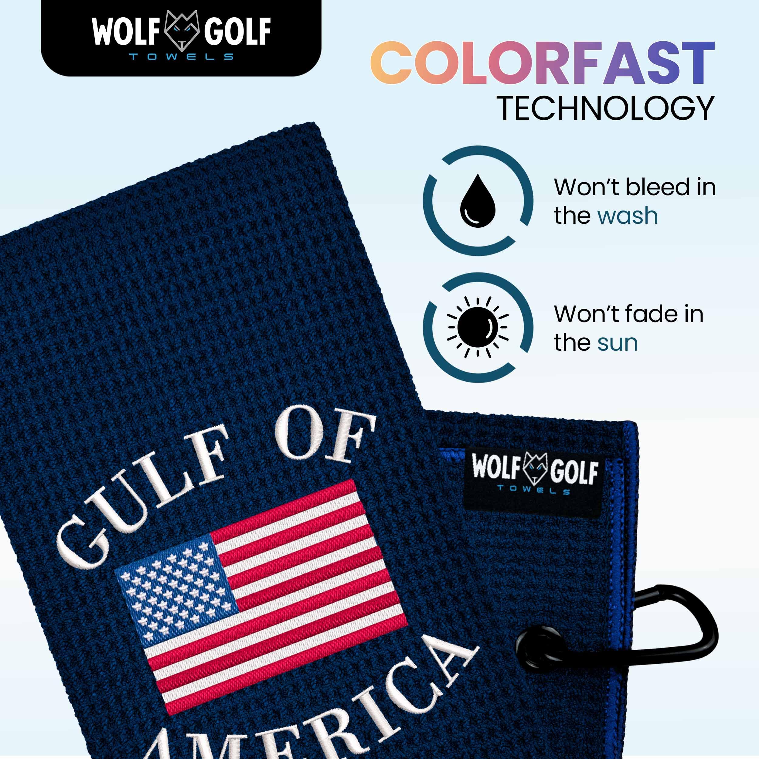 Wolf Golf Towels Gulf of America Golf Towel | Embroidered Microfiber Funny Golf Accessories | Navy Gulf of America Towel