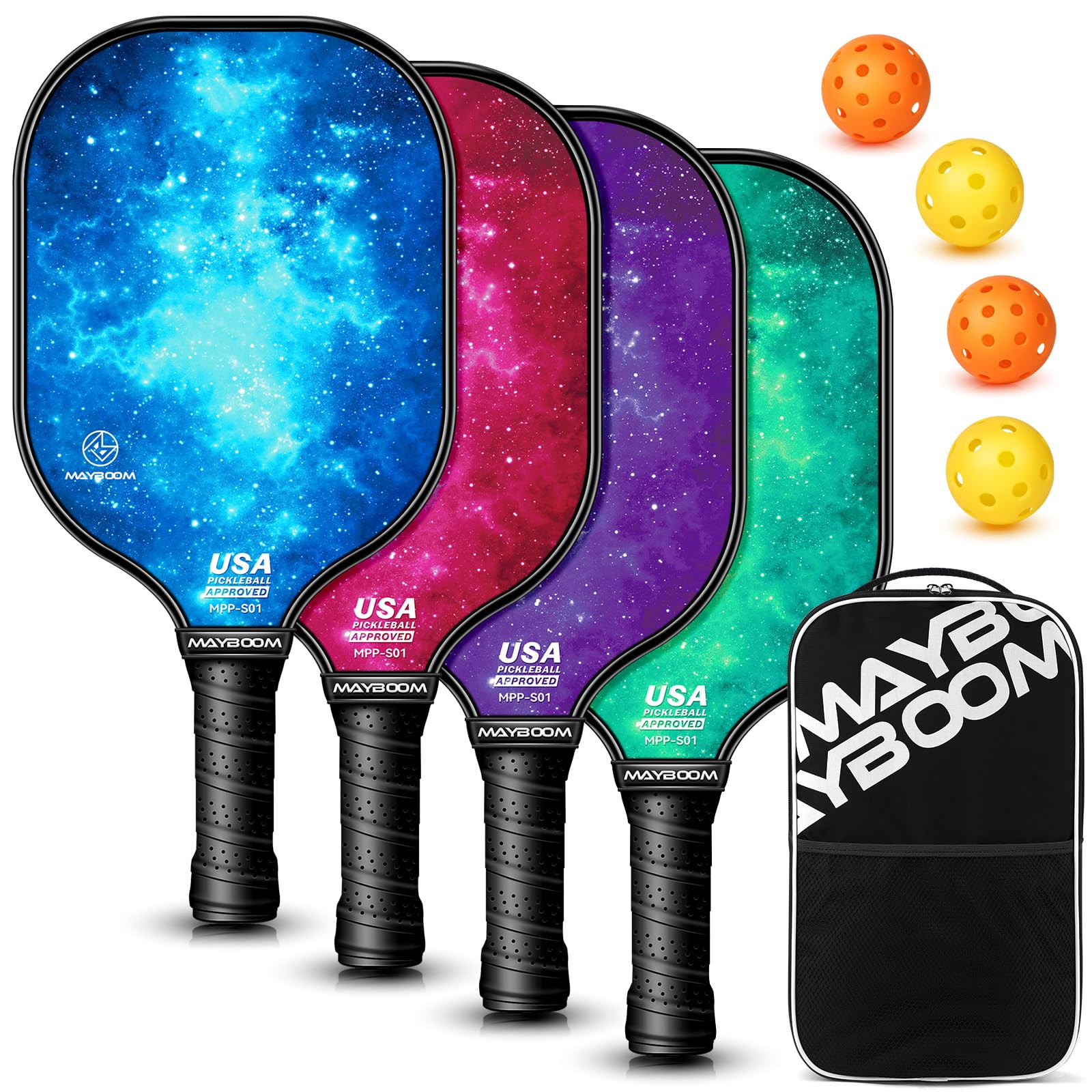 Pickleball Paddles Set of 2 or 4, USAPA Approved Pickleball Paddles Set with 4 Pickleball Balls and Pickleball Carry Bag, Fiberglass Pickle Ball Rackets 2 Pack for Beginners(4colors)