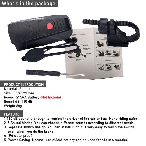 DAWAY A14 110dB Electric Bike Horn - 5 Sound Modes, Loud Bicycle Handlebar Alarm Bell with Free Screwdriver, Ideal Gift for Kids & Adults - Safe & Easy Cycling Alert