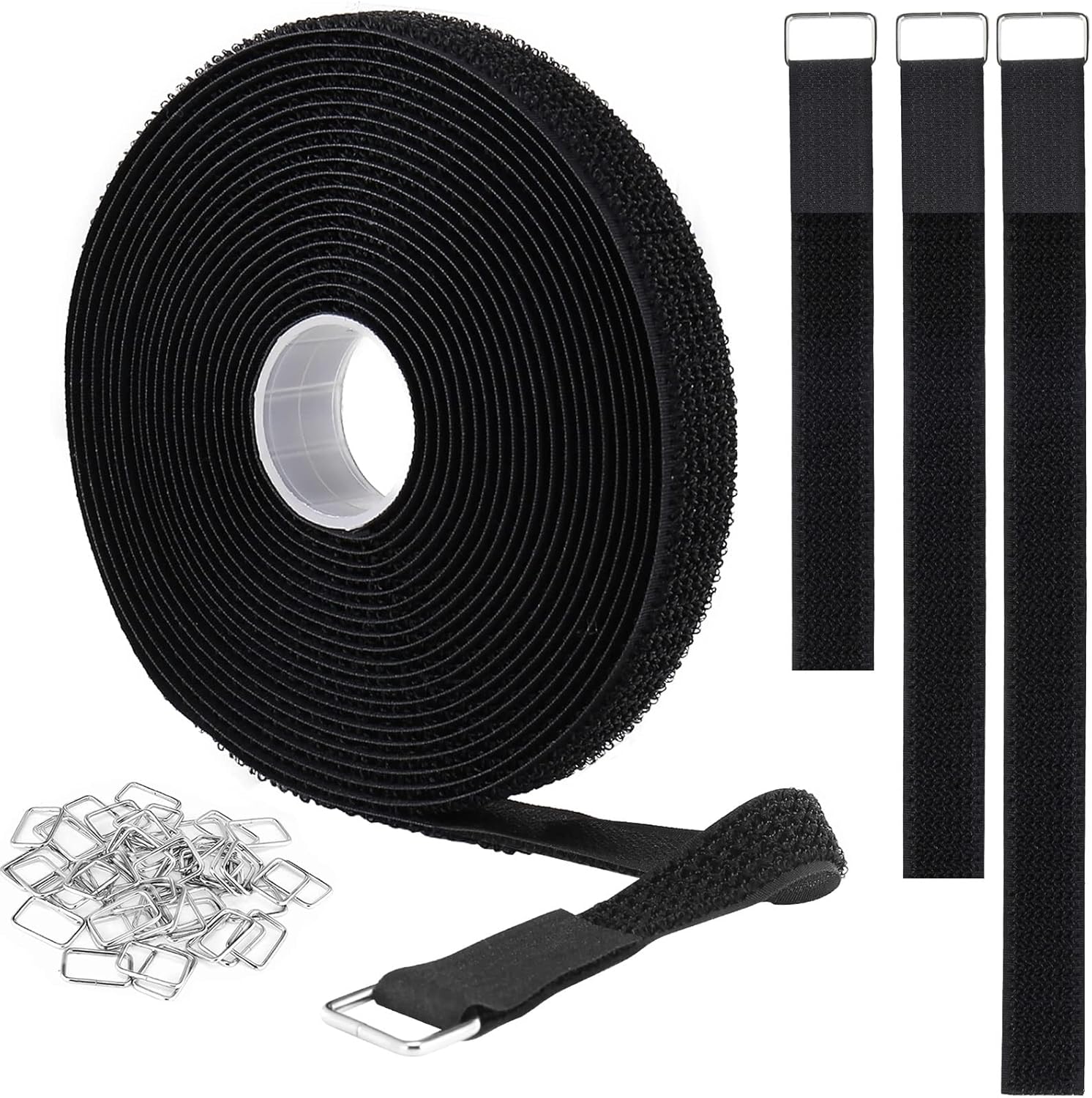 YMCRLUX Hook and Loop Straps - 1"x16ft Adjustable Fastening with 25 Metal Buckles | Black Nylon Storage Ties
