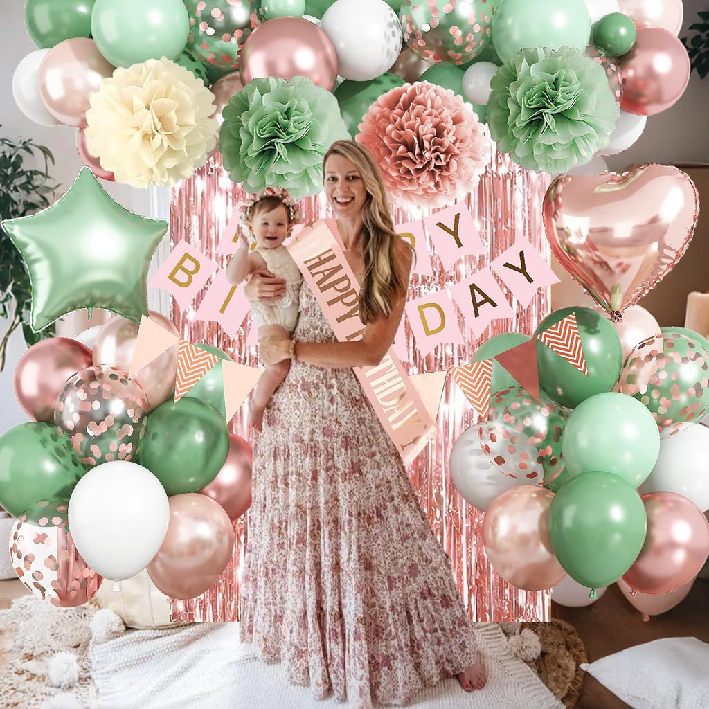 Regine Switzerland Birthday Decorations - Retro Rose Gold & Sage Green Party Décor Set | Balloons, Banners & More