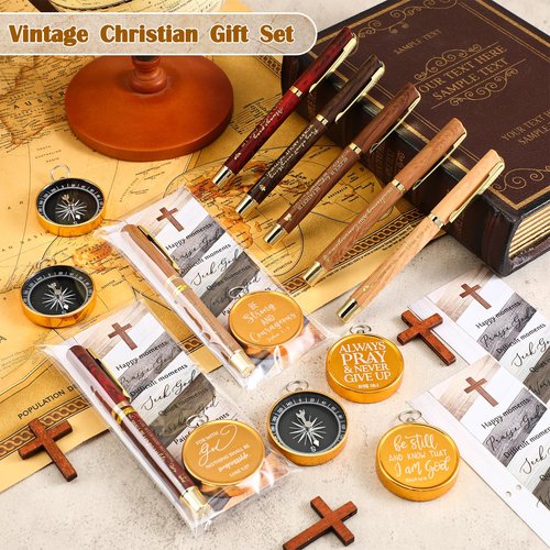 Spakon 50 Sets Christian Gifts for Men Religious Baptism Church Inspirational Bible Verse Engraved Compass Bamboo Pen Bookmark Christmas Christian Gifts for Pastor Father Sunday School (Natural)