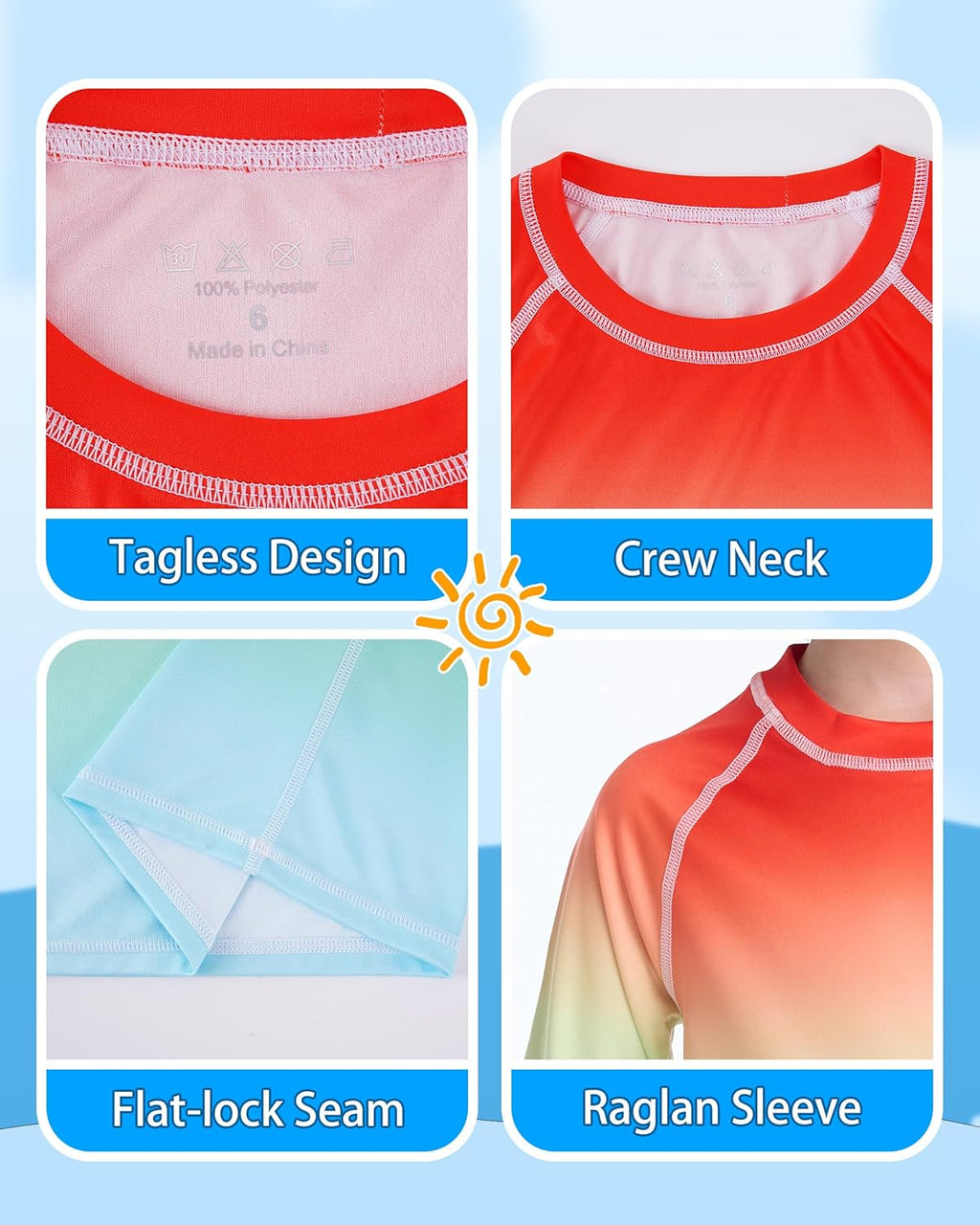 Skiennix Boys' Long Sleeve Rash Guard - UPF 50+ UV Protection Swim Shirt for Beach & Surf