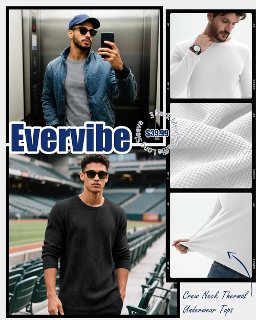 Evervibe 3 Pack Men's Big and Tall Long Sleeve Shirts, Waffle Crew Neck Thermal Underwear Tops Lightweight Casual Undershirts(Black, White, Gray,3X-Large)