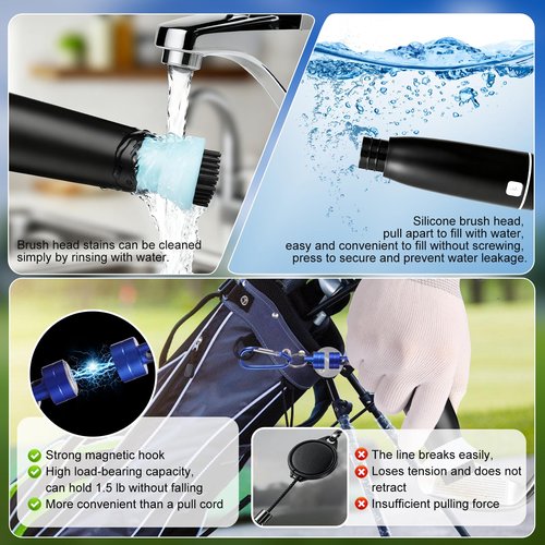 RTOCHG Golf Club Brush Cleaner with Water Spray, 45 Nylon Bristles, Magnetic Hook, 300 Shots,16.4ft Spray Range