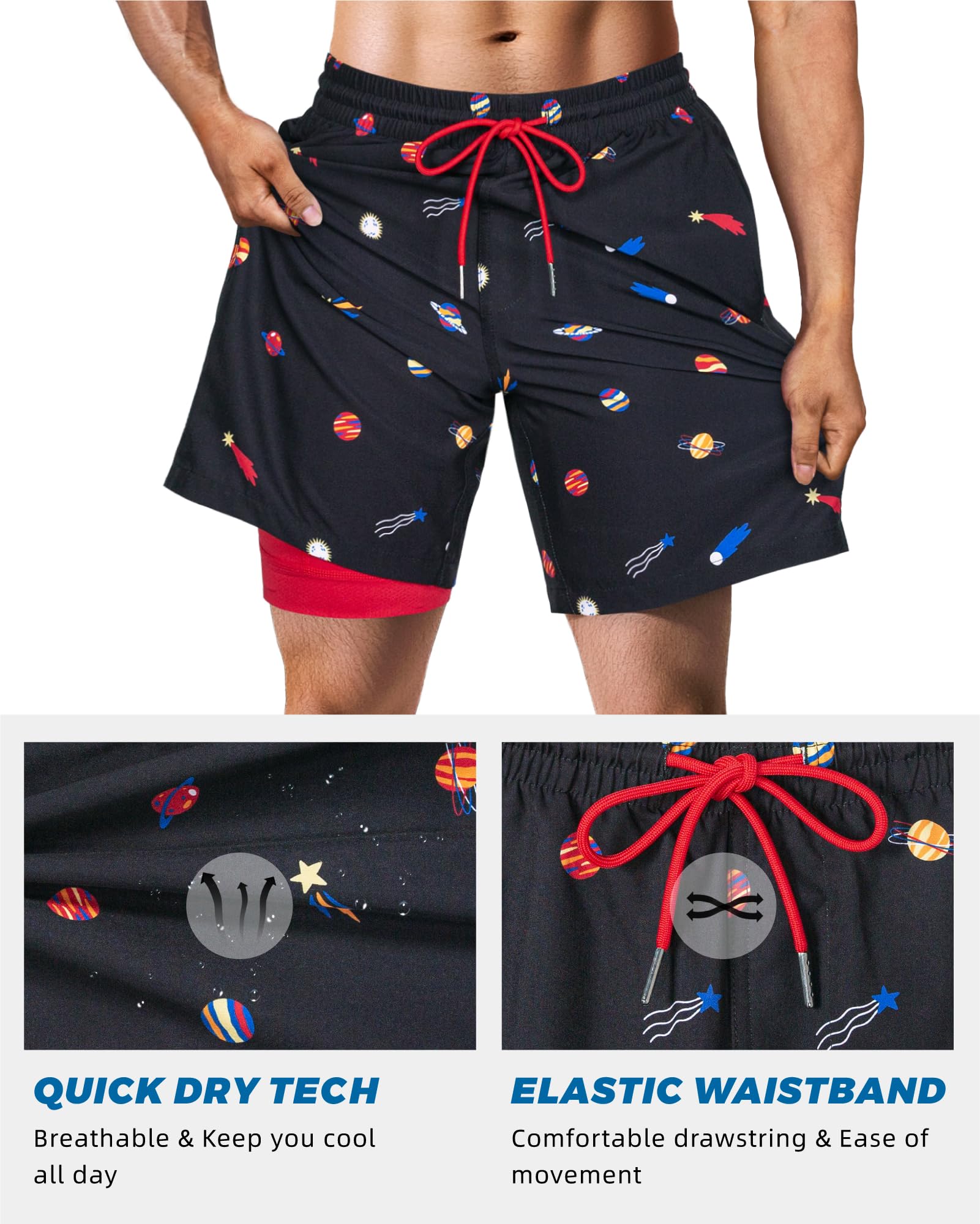 SURF CUZ Mens Swim Trunks with Compression Liner Quick Dry Swim Shorts 7" Swimming Trunks Stretch Zipper Pockets,Starwalk,XS