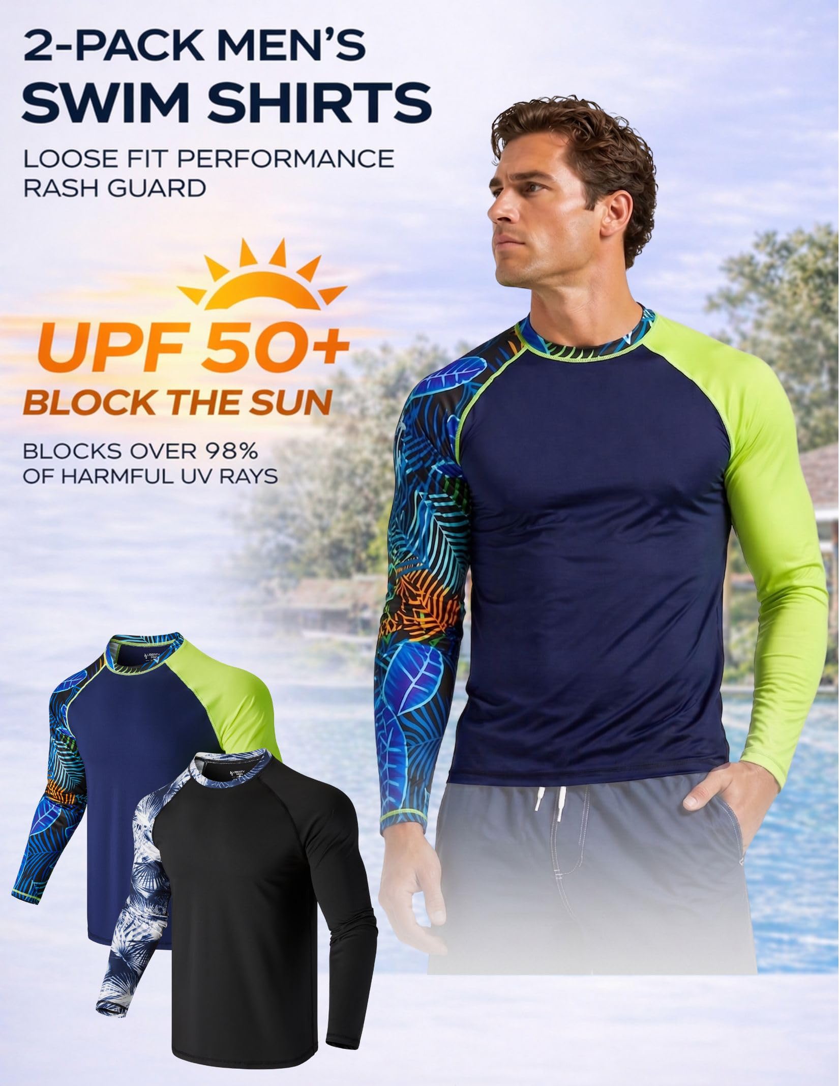 2 Pack Men’s Rash Guard Long Sleeve Swim Shirts UPF 50+ Sun Protection – Quick Dry Lightweight UV Fishing Surf Shirt (Set 1, Large)