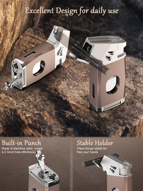 5-in-1 Torch Lighter with Straight Cutter, Punch, Holder, Draw Enhancer Tool, Adjustable Jet Flame, Gifts for Men, Butane Refillable Lighter, Multi-Functional Accessories, Lighter for Travel