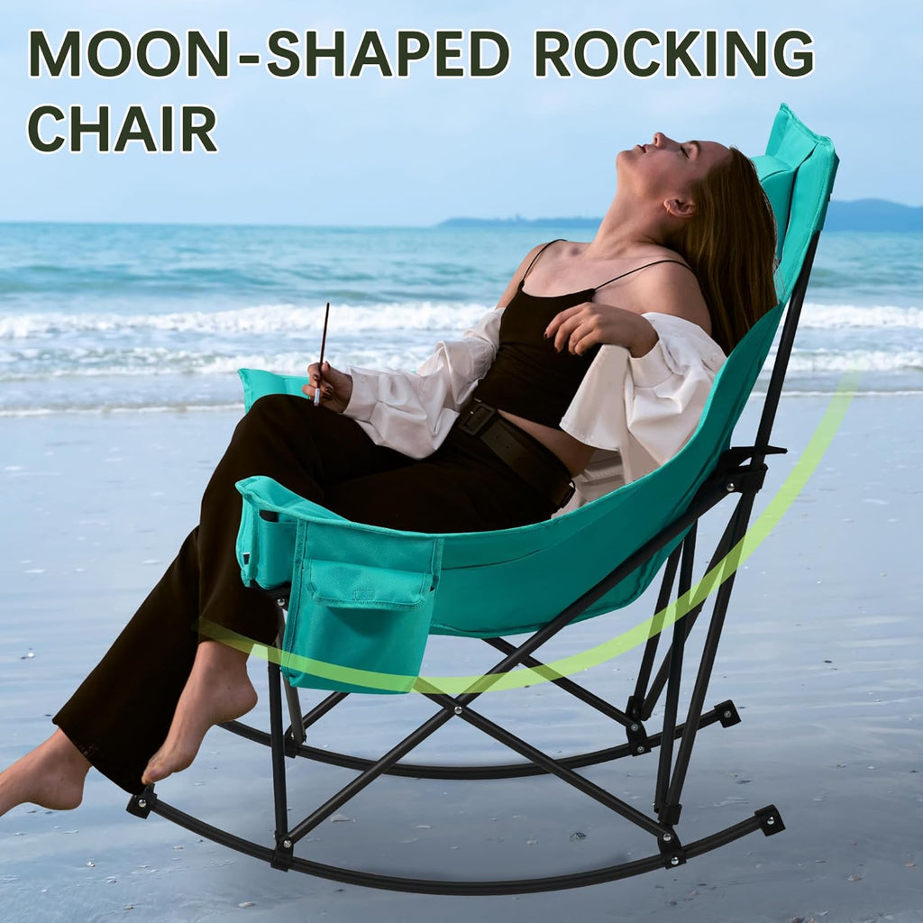 Unisakey Oversized Rocking Camping Chair - 400lbs Capacity, Headrest & Cup Holder, Portable Black/Green
