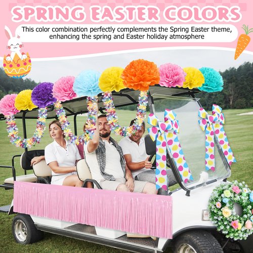 Suncalla 16 Pcs Easter Golf Cart Decorations Spring Party Decorations Festival Bowties Pastel Wreath Tinsel Garland Fringe Tissue Paper Flowers for Golf Cart Party Supplies Decor(Easter)