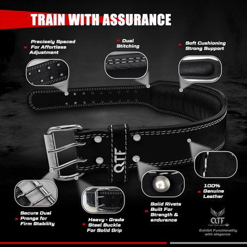 QTF Weight Lifting Belt Gym Exercise Workout, 6 inch Leather Padded Lumbar Back Support Men Women, 9 double Adjustable Holes, Powerlifting Bodybuilding Deadlift, Squat Fitness Strength Training Belt (Power-Belt, X-Large)