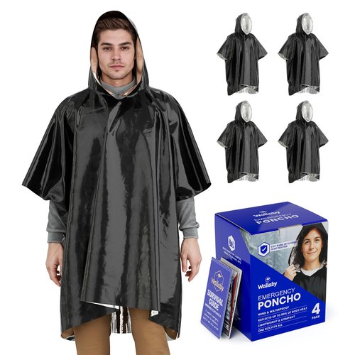 Wallaby 4-Pack Emergency Mylar Ponchos – Universal Fit Thermal Poncho with 90%+ Heat Retention, Lightweight Rain, Cold, Heat, Emergency Protection + Free Survival Guide (Matte Black)