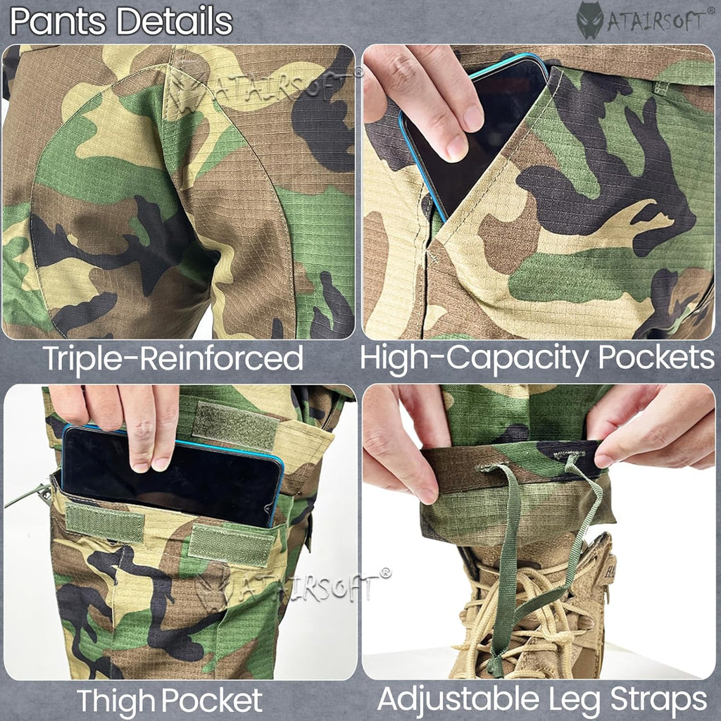 Skiennix Tactical Military Camo BDU Uniform Set - Ripstop Combat Shirt & Pants for Outdoor Activities